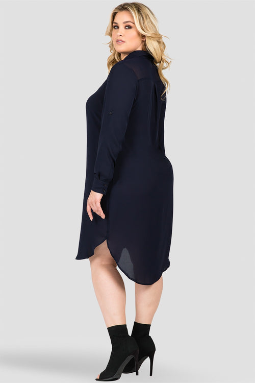 Plus Size Women's Midnight Blue Long-Sleeved Shirt Dress