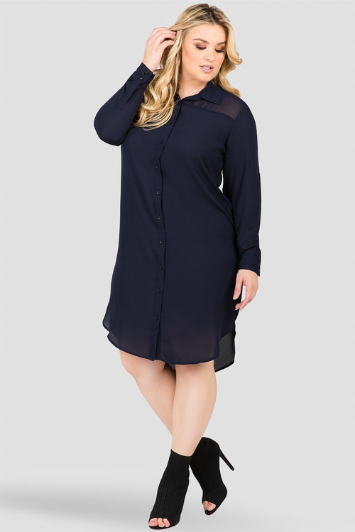 Plus Size Women's Navy Blue Long-Sleeved Shirt Dress