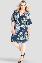 Plus Size Standards & Practices Navy Floral Knee Length Kimono Chiffon Wrap Dress