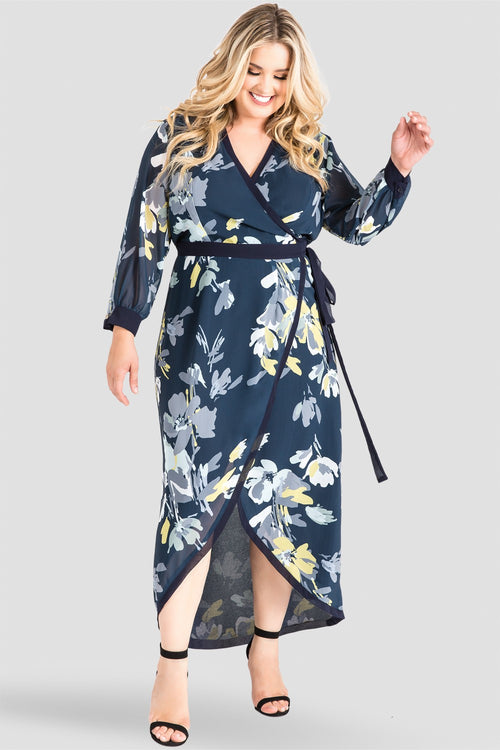 Plus Size Standards & Practices Navy Floral Print V-Neck Kimono Wrap High-Low Dress