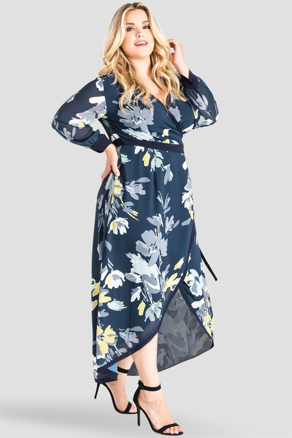 white christmas dresses Plus Size Standards & Practices Women's Navy Floral Print V-Neck Wrap High-Low Dress - Elle