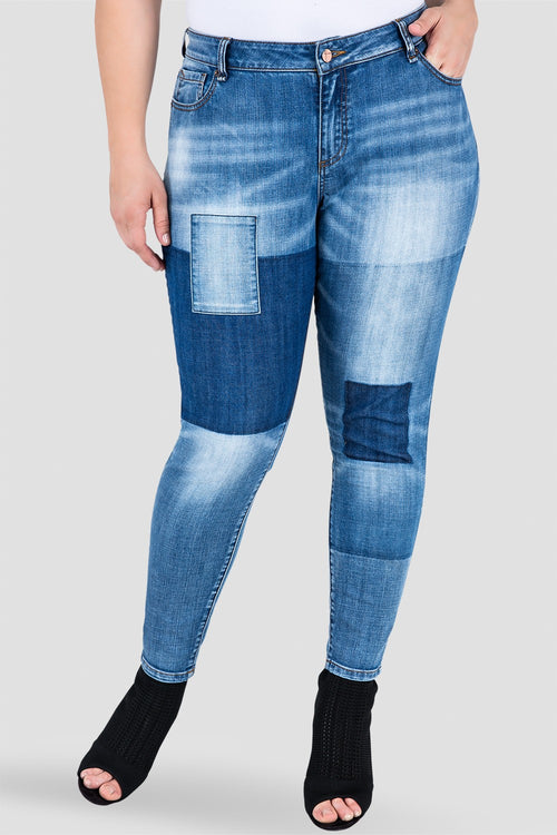 Plus Size Women's Patchwork Indigo Stretch Skinny Jeans