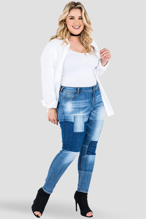 Plus Size Standards & Practices Women's Patchwork Indigo Stretch Skinny Jeans