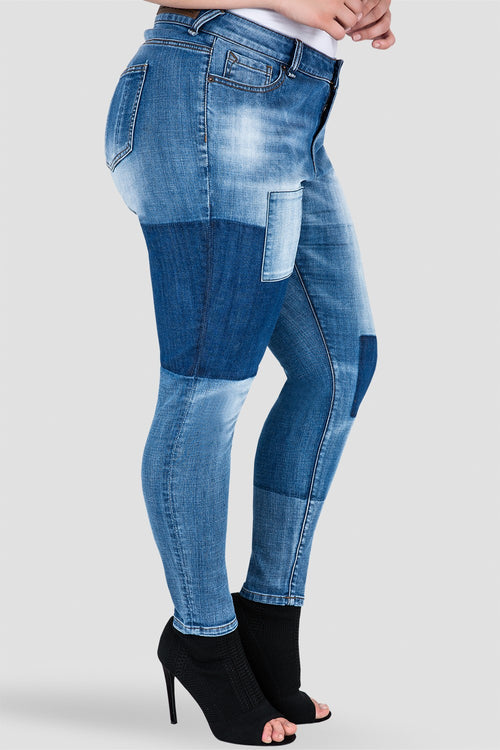 Plus Size Women's Patchwork Indigo Stretch Skinny Jeans