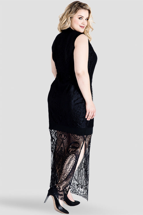 Plus Size Sleeveless  BlackMock Turtle Neck  Lace Maxi Dress