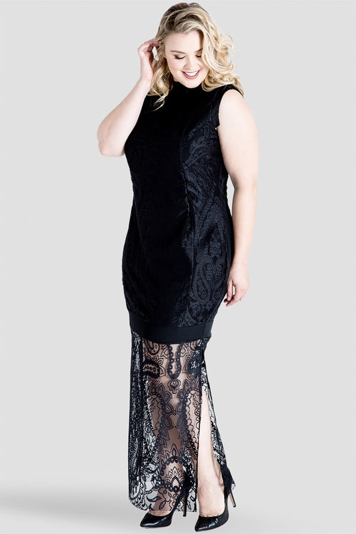 Plus Size Sleeveless Black Lace Maxi Dress