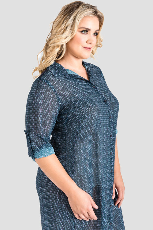 Plus Size Gray Snakeskin Print Chiffon Shirtdress with Sheer Back