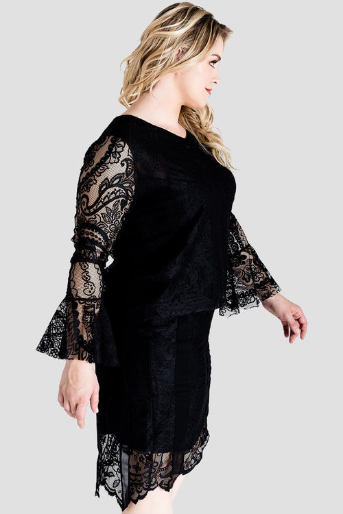 Plus Size Women's Black Lace Flare Sleeve Shirt