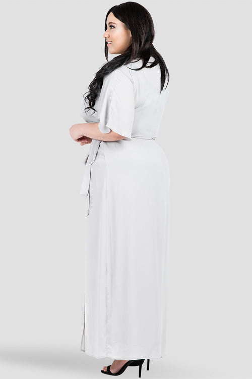 Plus Size Gray Print Short Sleeve Wrap Maxi Dress