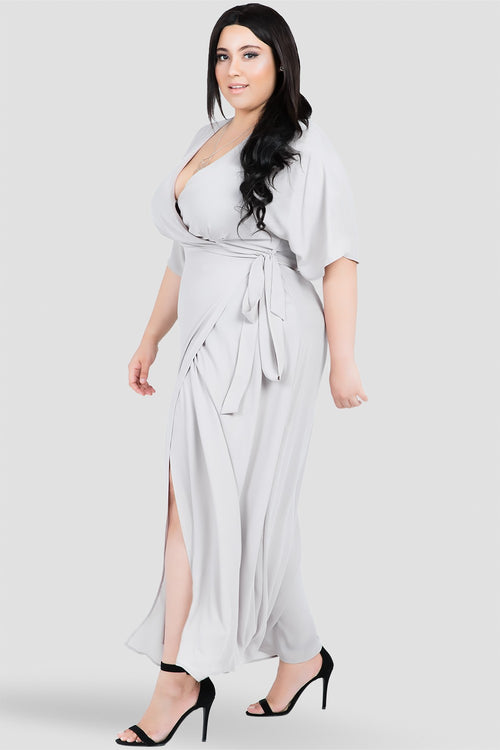 Plus Size Olivia Woven GGT Light Gray Print Kimono Wrap Maxi Dress Front