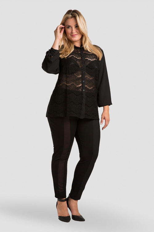 Plus Size Women's Button-Up Top Black Lace