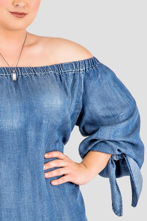Plus Size Standards & Practices High Low Hem Denim Off-The-Shoulder Peasant Dress