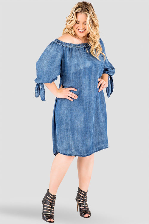 Plus Size Standards & Practices Tencel Denim Off-The-Shoulder Peasant Dress