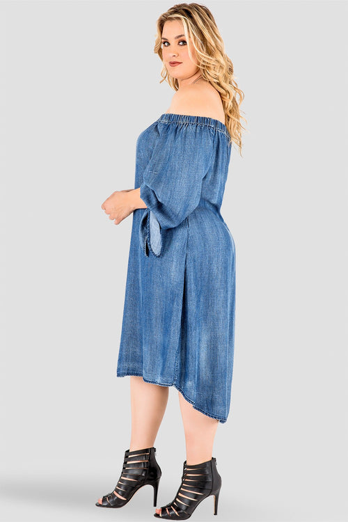 Plus Size Julie Denim Tencel Off-The-Shoulder Peasant Dress Side