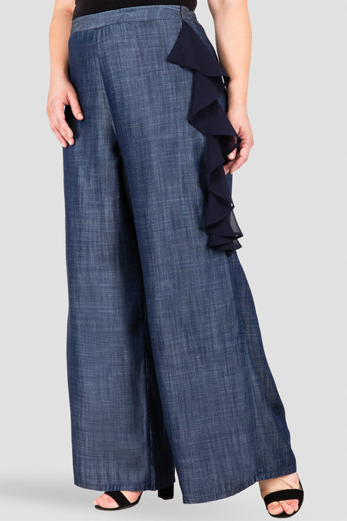 Plus Size Standards & Practices Women's Side Zip and Flounce Indigo Tencel Palazzo Pants Full
