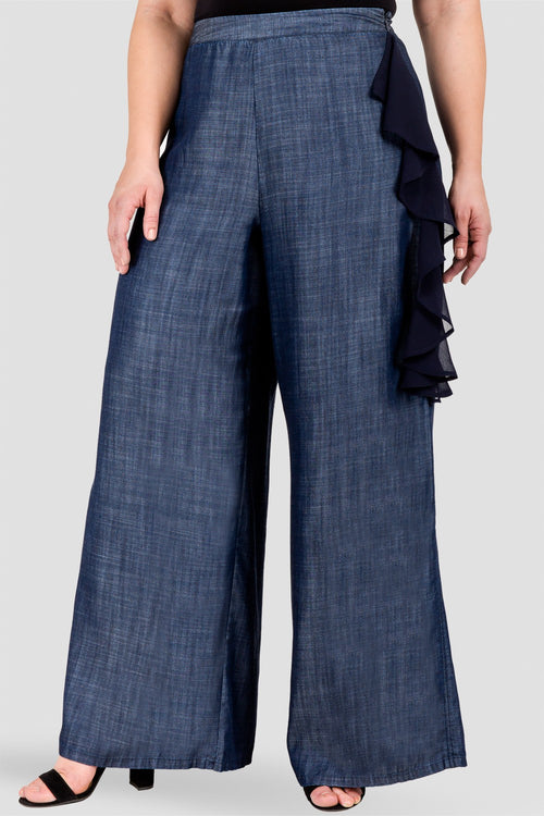 Plus Size Standards & Practices Women's Side Zip and Flounce Indigo Tencel Palazzo Pants Side