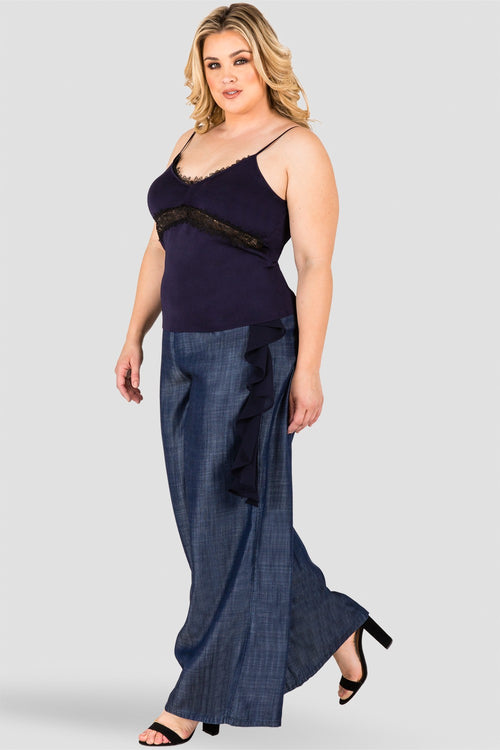 Plus Size Standards & Practices Women's Navy Ruffle Indigo Tencel Palazzo Pants