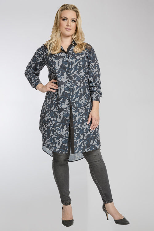Plus Button-Up Shirt Dress Blue Camo