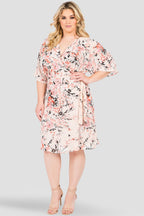 Plus Size Candice V-Neck Kimono Wrap Midi Dress Peach Pink Floral Print