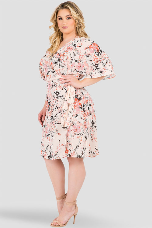 Plus Size Peach & Pink Floral Print Kimono Wrap Midi Dress