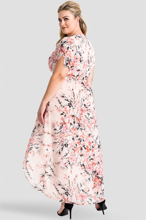 Peach & Pink Floral Print Short-Sleeve Maxi Wrap Dress
