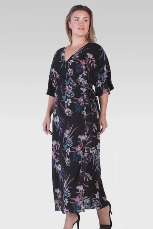 Olivia Plus Size Black Tropical Floral Kimono Wrap Maxi Dress