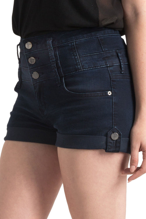 High Waist Three Button Indigo Shorts by Standards & Practices