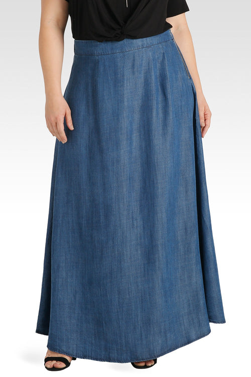 Plus Size Zalena High-Waisted Tencel Denim A-Line Maxi Skirt