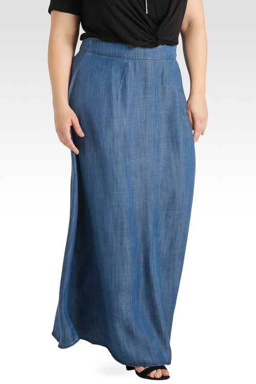 Plus Size Zalena High-Waisted Tencel Denim A-Line Maxi Skirt