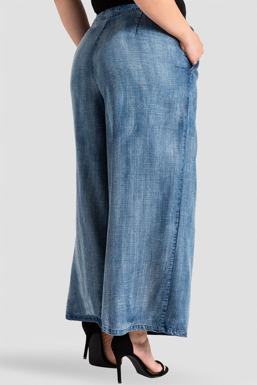 plus size medium blue tencel denim gauchos with tie waist