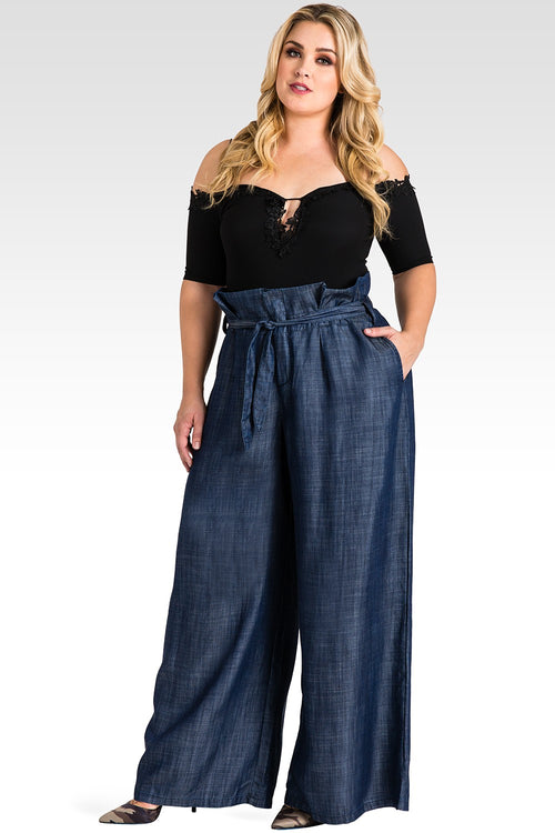contemporary modern plus size dark blue tencel denim palazzo pants