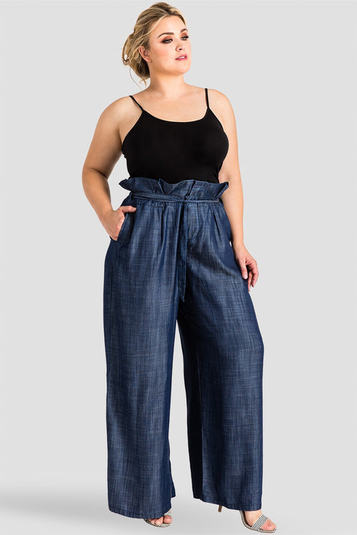 plus size indigo paper bag waist tencel denim statement palazzo pants