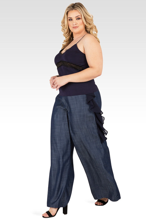 Plus Size Standards & Practices Women's Side Zip and Flounce Indigo Tencel Palazzo Pants
