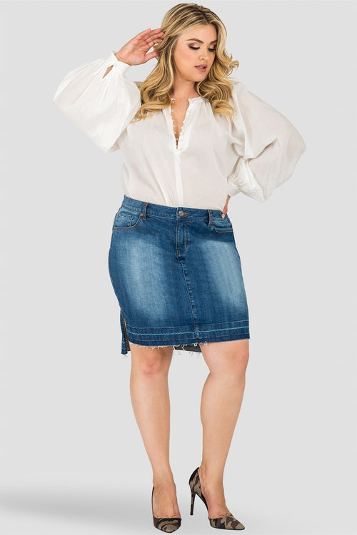 Plus Size Standards & Practices Curvy Fit Dariah High-Low Released Hem Denim Mini Skirt