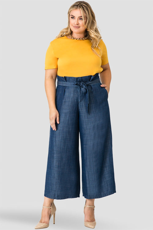 Standards & Practices Plus Size Paper Bag Waist Belted Dark Wash Tencel Gauchos