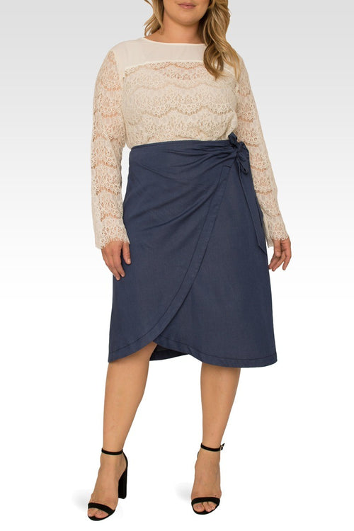 Brie Plus Size Dark Indigo High Waist Tie Wrap Tencel Skirt