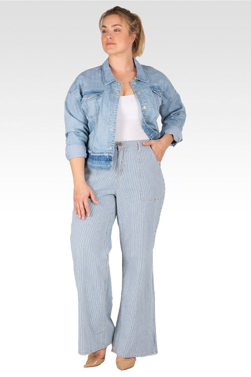 Mona Plus Size High Rise Wide Leg Stripped Light Blue Denim Pants