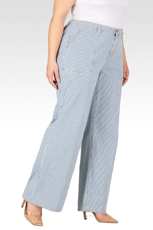 Mona Plus Size High Rise Wide Leg Stripped Light Blue Denim Pants