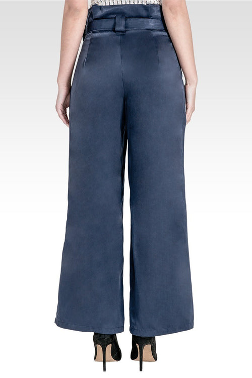 Sue Paper Bag Waist Palazzo Pants - Midnight Blue Washed Satin