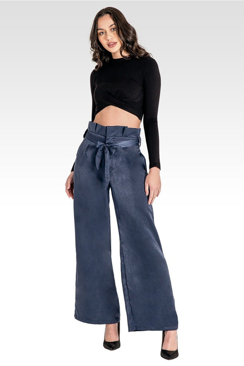 Sue Paper Bag Waist Palazzo Pants - Midnight Blue Washed Satin