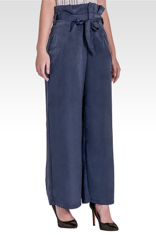 Sue Paper Bag Waist Palazzo Pants - Midnight Blue Washed Satin