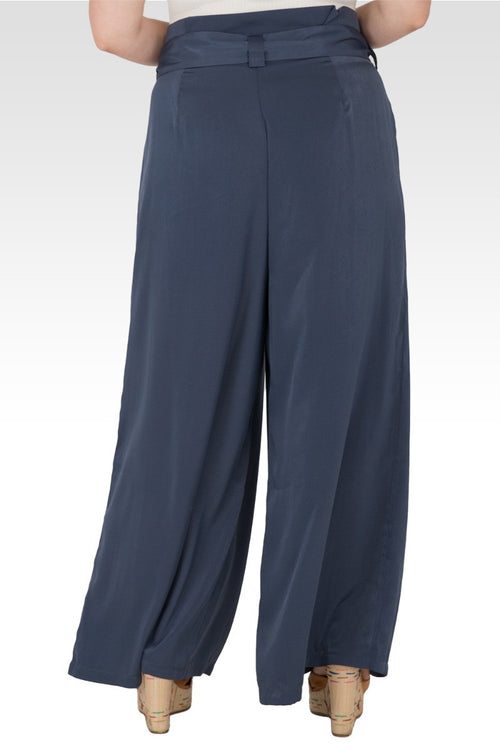 Plus Size Sue Paper Bag Waist Palazzo Pants - Midnight Blue Washed Satin