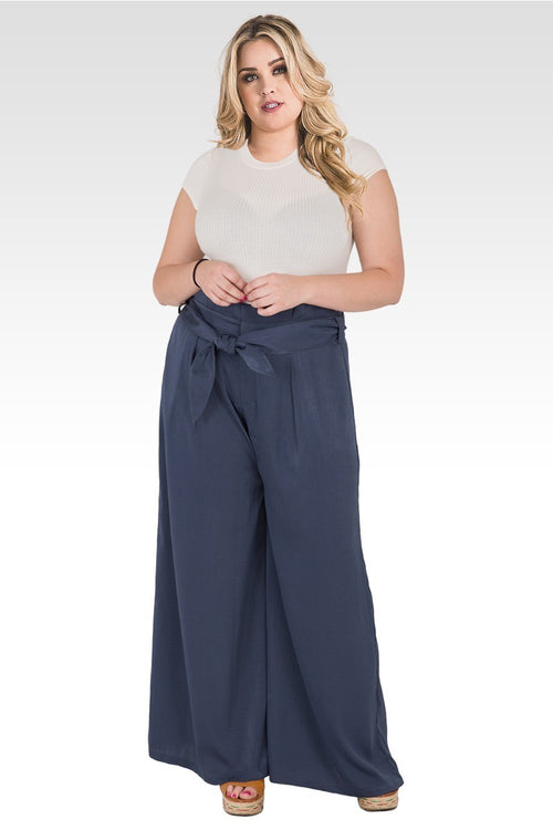 Plus Size Sue Paper Bag Waist Palazzo Pants - Midnight Blue Washed Satin