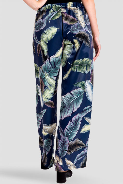 Rada Washed Satin Drawstring Wide-Leg Pants -Tropical Leaf Print