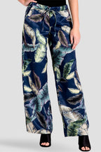 Rada Washed Satin Drawstring Wide-Leg Pants -Tropical Leaf Print