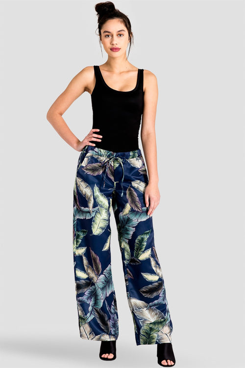Rada Washed Satin Drawstring Wide-Leg Pants -Tropical Leaf Print