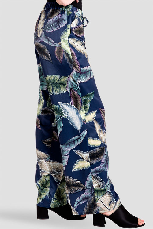 Rada Washed Satin Drawstring Wide-Leg Pants -Tropical Leaf Print