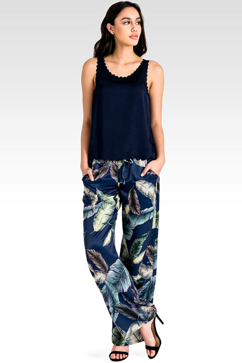 Rada Washed Satin Drawstring Wide-Leg Pants -Tropical Leaf Print