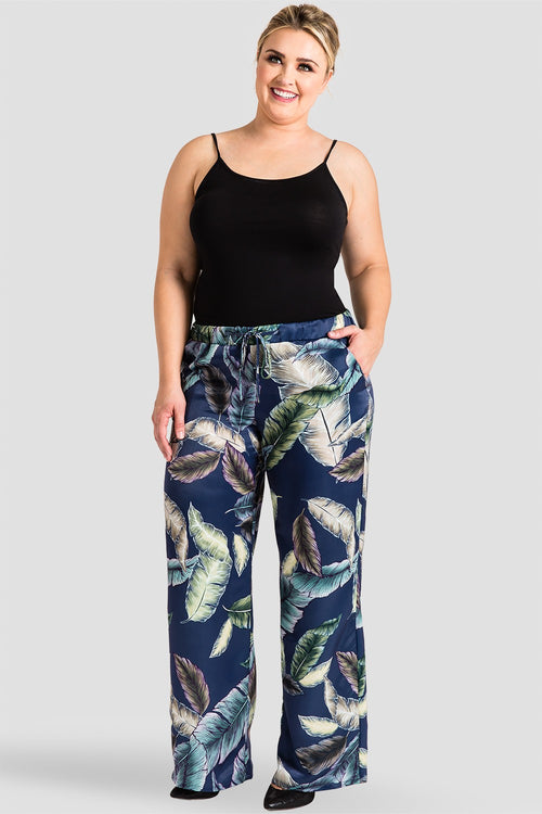 Plus Size Rada Washed Satin Drawstring Wide-Leg Pants -Tropical Leaf Print