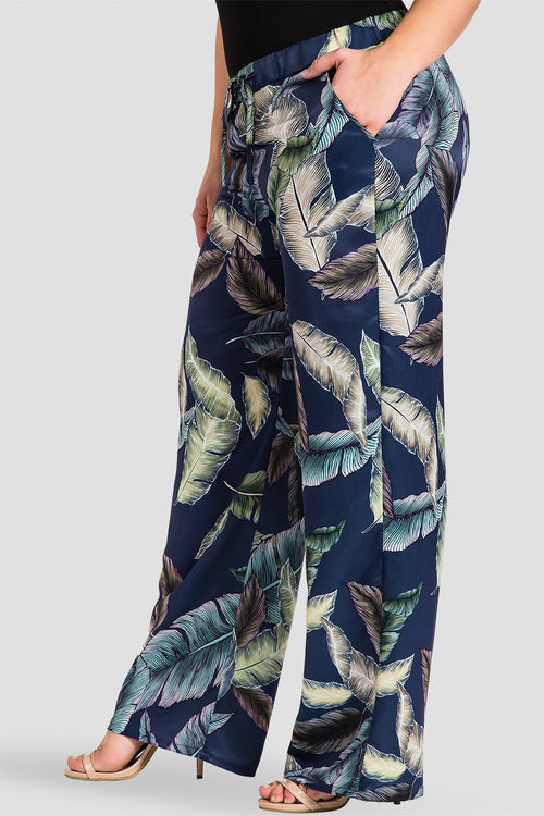 Plus Size Rada Washed Satin Drawstring Wide-Leg Pants -Tropical Leaf Print